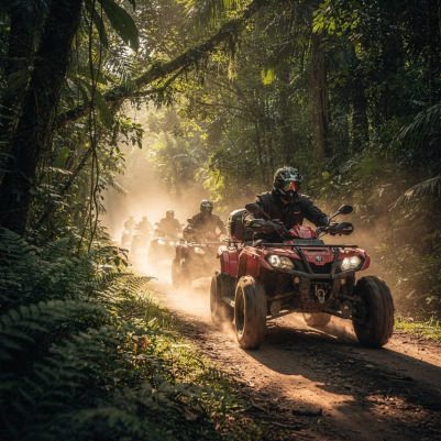 ATV riders on a dusty jungle trail