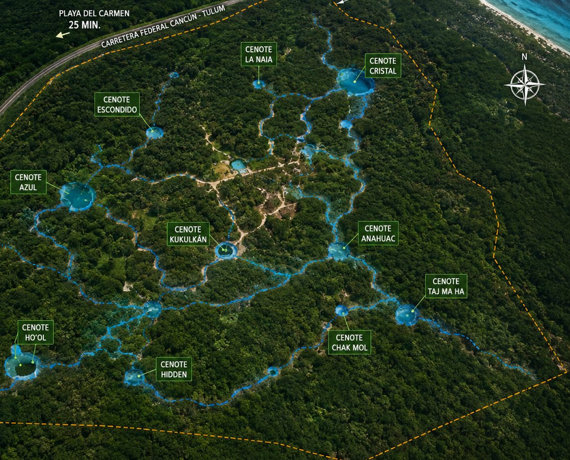 Aerial map of the park showing cenotes linked by underground rivers