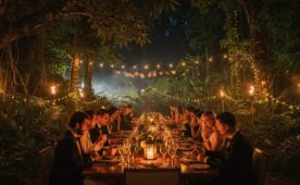 Candlelit dinner at a long table in the jungle