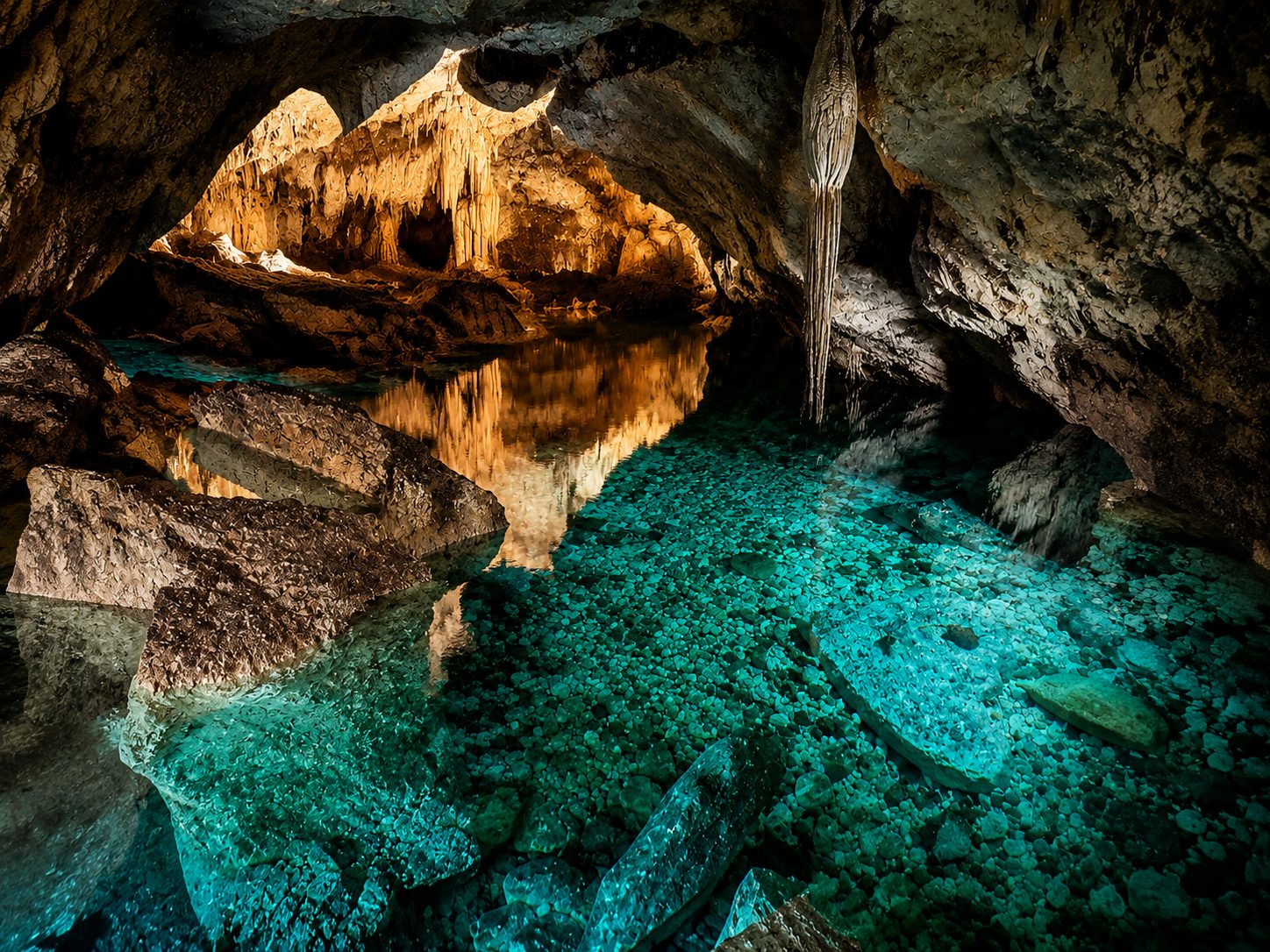 Turquoise water in a limestone cave cenote