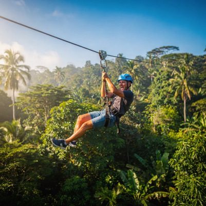 A rider on a zip line above the jungle canopy
